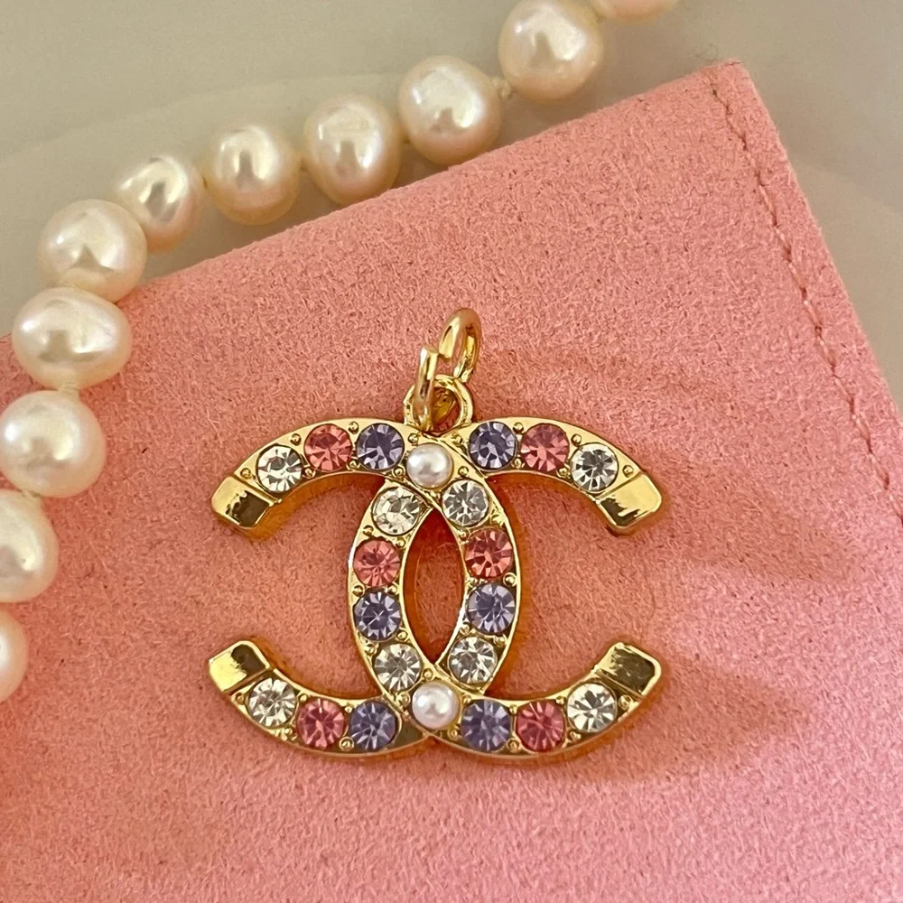 Gold Chanel Charm with Pink, Purple and Pearl Accents - Picture 2 of 10